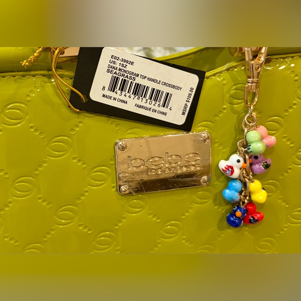 BEBE Lime Green Patent Satchel/Crossbody w/Braided Top Handle/Adjustable Strap - Picture 4 of 14